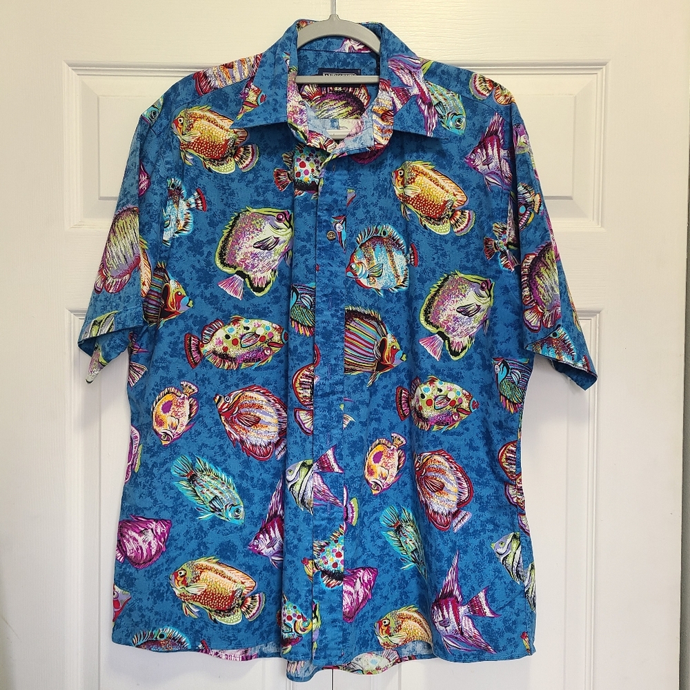 Lands End Tropical Fish Button Up‎ Shirt Mens Cotton USA Large